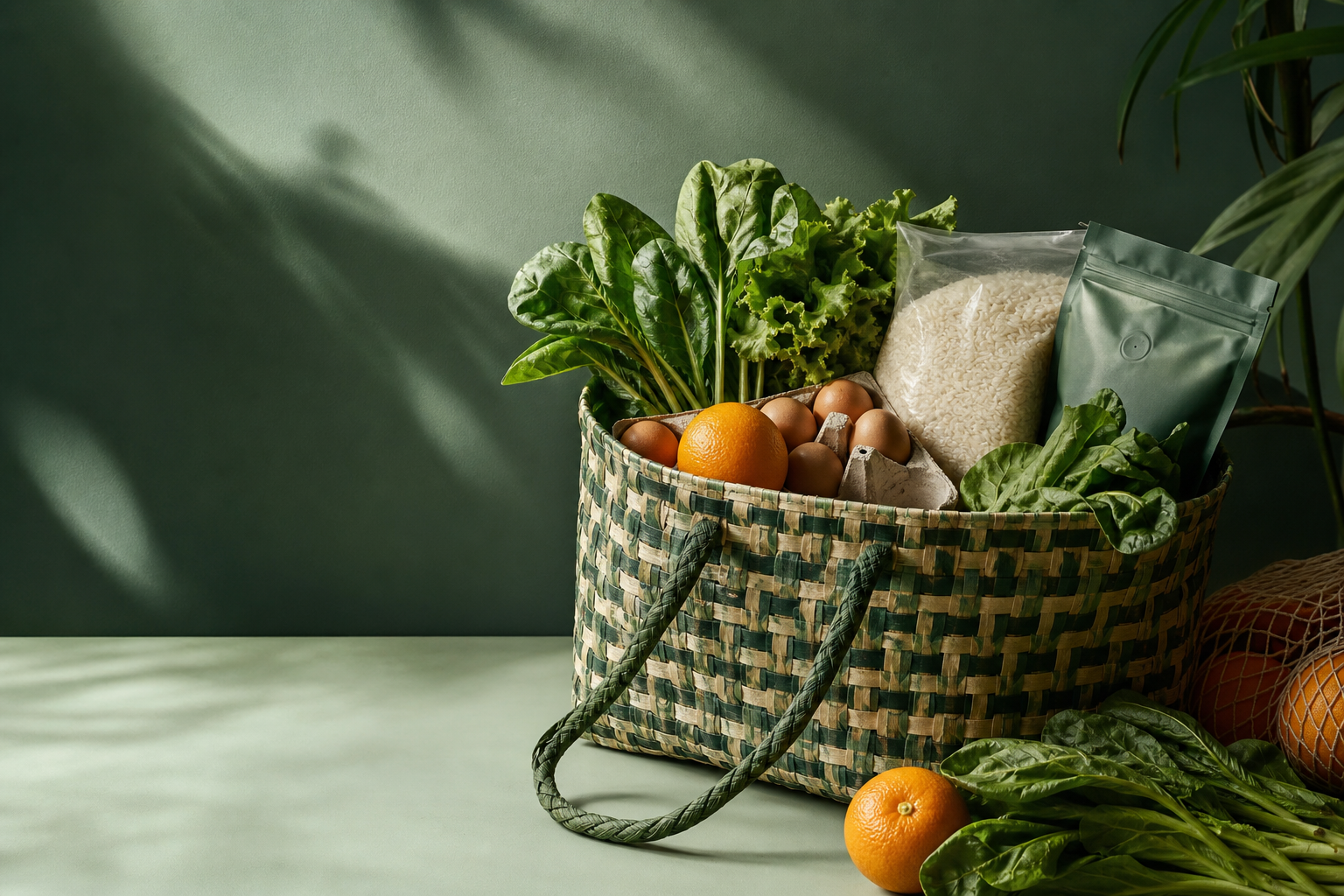 A woven market tote filled with leafy greens, rice, eggs and oranges