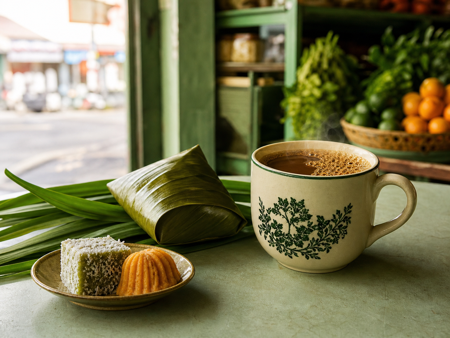 Kopi and local snacks arranged on a market counter